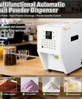 Automatic Powder Dispenser Machine For Precise Dosing In Coffee, Creamer, Cocoa, And Milk on counter with jars and powders