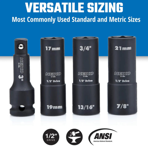 Torque Limiting Extension Bar And Deep Impact Metric Socket Set Half Inch Drive CrMo Beefy 8 Piece, versatile sizing shown