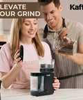 Level Up Your Coffee Game With This Heavy Duty Electric Flat Burr Grinder Crafted For Home Bars Featuring Fast Grind Adjustments And A Sleek Matte Black Housing in use on a kitchen counter.