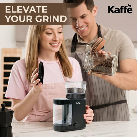 Level Up Your Coffee Game With This Heavy Duty Electric Flat Burr Grinder Crafted For Home Bars Featuring Fast Grind Adjustments And A Sleek Matte Black Housing in use on a kitchen counter.