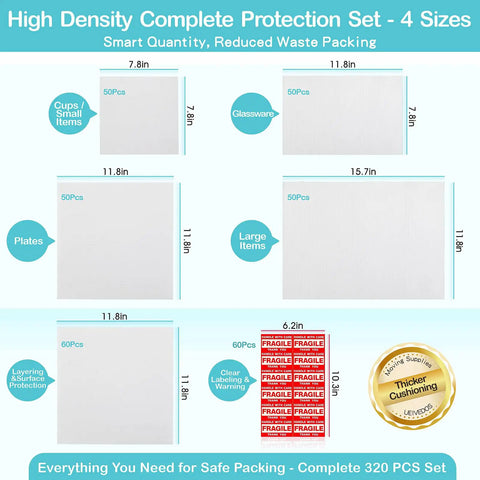 Diagram showing Move Day Must Have Dish Packing Kit That Hits Hard On Protection With 320 Foam Pouches And Sheets In Four Sizes with labels.