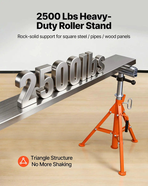 Built Tough Heavy Duty Roller Stand With Adjustable Height From Twenty Seven To Fifty Two Inches For Woodworking And Metalworking Outfeed Table Providing Rock Solid Support For Loads Up To Two Five Hundred Pounds In Your Garage, with 2500 lbs displayed and stable orange legs.