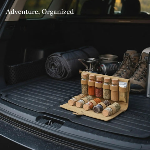 Roll Style Spice Organizer for Camping and Travel Kitchens with jars in car trunk with hiking gear.