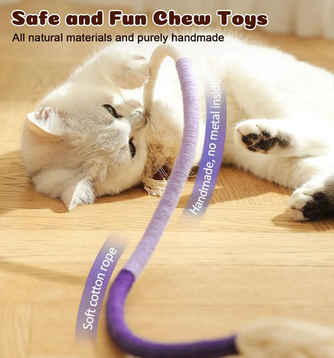 Cat playing with Cat Chew Rope Toys 4 Pack For Indoor Cats With Refillable Catnip Pouch Safe Teeth Cleaning Rope Toys Interactive Nip Toys For All Breeds 19.5 Inch Long Durable Fun For Purrs And Play