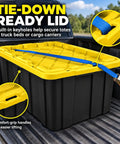 Heavy Duty 38 Gallon Storage Totes With Secure Snap On Lids 4 Pack Stackable Plastic Bins For Garage Basement And Workshop Organization, yellow lid with tie-down strap.