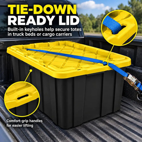 Heavy Duty 38 Gallon Storage Totes With Secure Snap On Lids 4 Pack Stackable Plastic Bins For Garage Basement And Workshop Organization, yellow lid with tie-down strap.