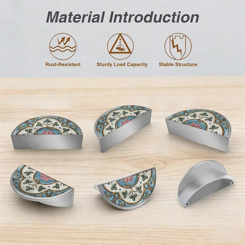 2 Pack Pink Gold Floral Tile Art Cabinet Handles, 3 Inch Center Hole Semicircle Drawer Pulls, Solid Zinc Alloy, set on wood
