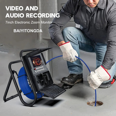 Built Tough 50M Pipe Inspection Camera With A Bright 7 Inch Ip Monitor And Built In Dvr Recorder Arrives Prepacked With A 16Gb Card for sewer diagnostics in use.