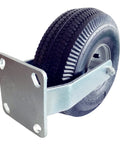Side view of set of two 10 inch rigid pneumatic caster wheels with black rubber tire 800 lb capacity bolt on or weld on top plate