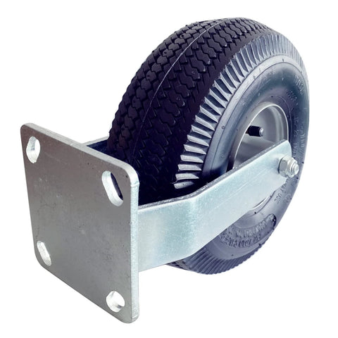 Side view of set of two 10 inch rigid pneumatic caster wheels with black rubber tire 800 lb capacity bolt on or weld on top plate