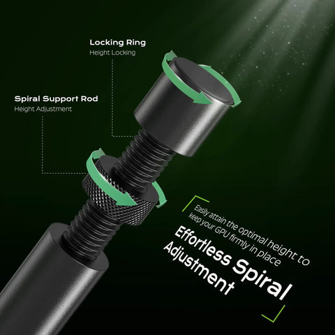 Close-up of height-adjustable aluminum GPU Sag Bracket With Magnetic Base And Non-Slip Stand For Graphics Cards, spiral rod detail.