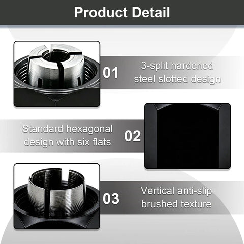 Heavy Duty Router Collet Set Packing 1/2 And 1/4 Inch Bushings showing 3-split hardened steel design and hexagonal features.