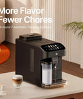 Smart Automatic Espresso Maker With Built In Burr Grinder And Dual Milk Frother One Tap Super Coffee Brewer with tilted screen and coffee cups.