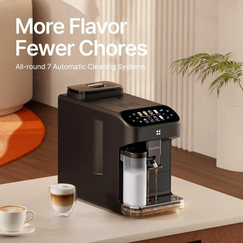 Smart Automatic Espresso Maker With Built In Burr Grinder And Dual Milk Frother One Tap Super Coffee Brewer with tilted screen and coffee cups.