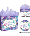 13 Inch Mermaid Birthday Gift Bag With Handle For Kids Party, Purple Gift Bag With Tissue Paper And Card Included, scalloped design