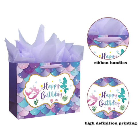 13 Inch Mermaid Birthday Gift Bag With Handle For Kids Party, Purple Gift Bag With Tissue Paper And Card Included, scalloped design
