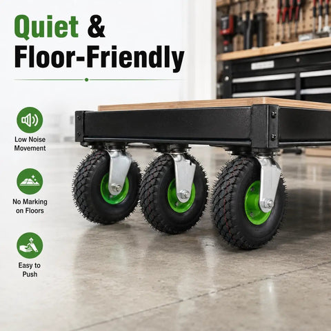 Heavy Duty 10 Inch Pneumatic Caster Set With Two Swivel And Two Rigid Black Rubber Wheels on a cart, showcasing low noise and floor-friendly design.