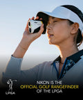 Person using Coolshot ProIII Stabilized Golf Laser Rangefinder With Waterproof 6X Monocular Optics on golf course.