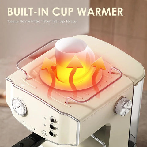 Straight Up Retro 20 Bar Espresso Machine With Integrated Milk Frother And ESE Pod Compatible Setup Featuring Pressure Gauge Plus 54 Oz Removable Water Tank For True Coffeeheads with built-in cup warmer.