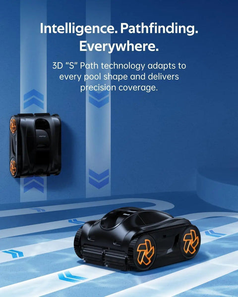 4H Cordless Robotic Pool Vacuum For Inground And Above Ground Pools With Smart Navigation AI Timer App Control Auto Parking And Floor Wall Waterline Cleaning In Black shown on pool floor.