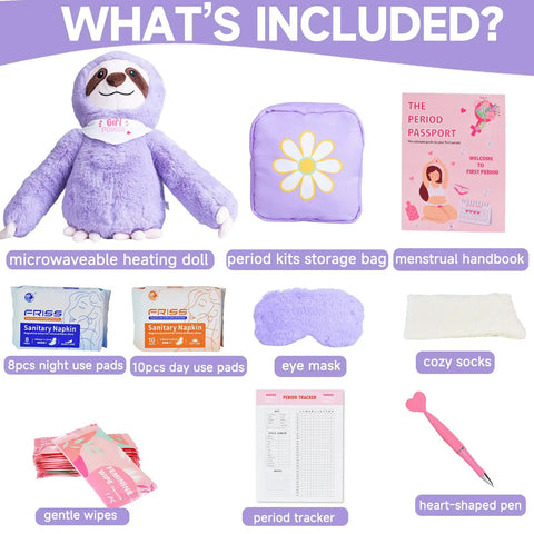 Tween First Period Starter Kit For Girls Aged Nine To Twelve With Comfort Essentials For School And Home, gift pack contents.