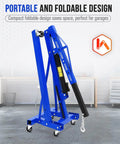 Heavy Duty Hydraulic Engine Hoist With 4400 Lb Capacity Telescoping Boom Folding Cherry Picker Shop Crane in blue, folded for easy storage.