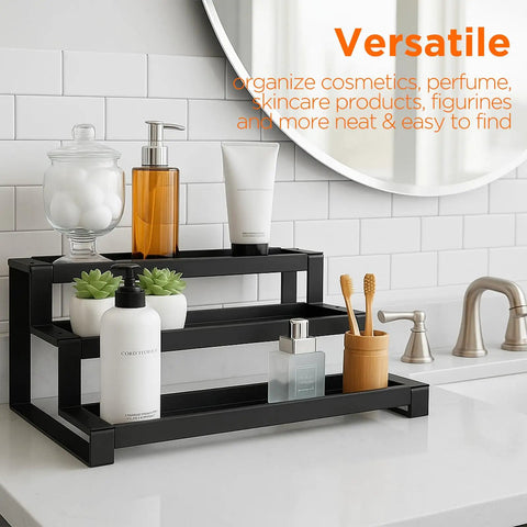 Score Top Shelf Storage With This Slick Adjustable 3 Tier Metal Spice Rack Organizer For Cabinets Counters Slip Resistant Expandable Shelf Fits Jars And Bottles In Black, displaying jars and skincare products.