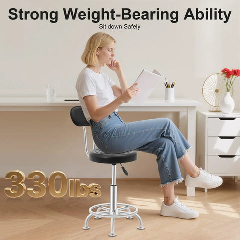 Woman sitting on Round Black Hydraulic Swivel Shop Stool With Backrest, Adjustable Height, in home office setting