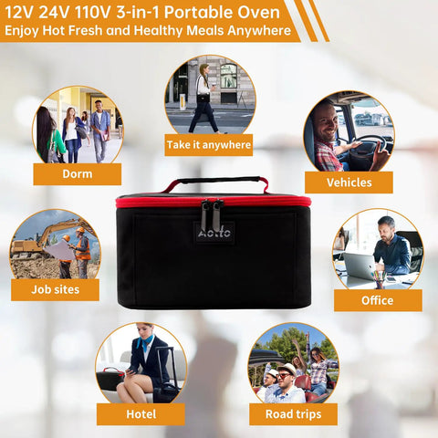 Portable Oven Lunch Box Heats Meals On The Go 12V 24V 110V 3 In 1 Car Food Warmer Cook Reheat And Keep Meals Warm For Car Truck Travel Work Home Anywhere, showcasing versatility in multiple settings such as dorms, vehicles, job sites, office, hotels, and road trips.