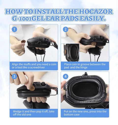 Step-by-step guide to installing Comfy Replacement Gel Ear Pads For Walkers Razor And XCEL Earmuffs using a coin.