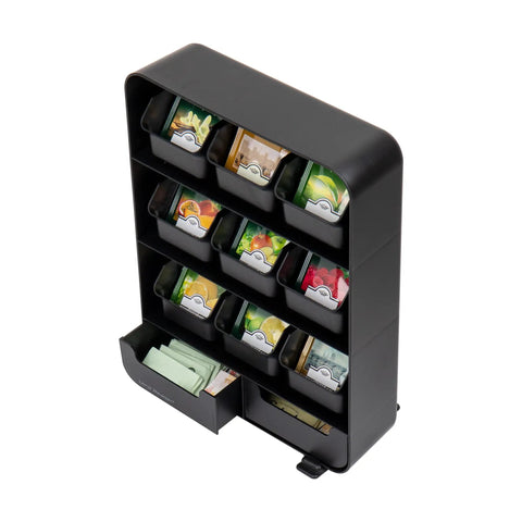 Tea Bag Organizer Station For Countertop And Kitchen Storage, Black Plastic, 10.25L X 3.25W X 13.75H Inches with removable drawers