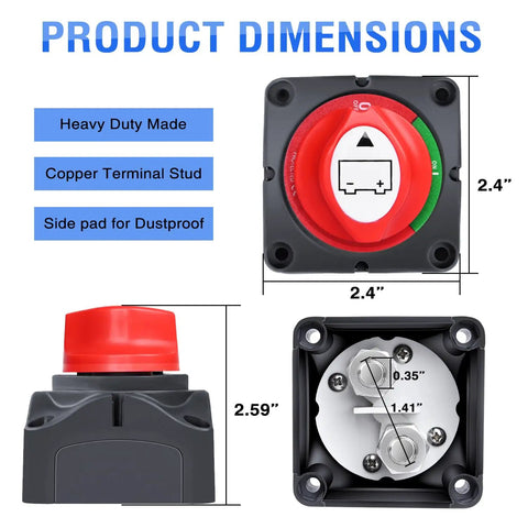 Beefy Heavy Duty Battery Switch 12 to 48 Volt Waterproof Master Disconnect Isolator with dimensions and copper terminal details.