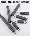 Heavy Duty Tension Springs With Open Hooks Made From Strong Spring Steel 65Mn arranged in various sizes for mechanics and fixing projects.