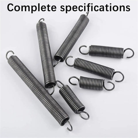Heavy Duty Tension Springs With Open Hooks Made From Strong Spring Steel 65Mn arranged in various sizes for mechanics and fixing projects.