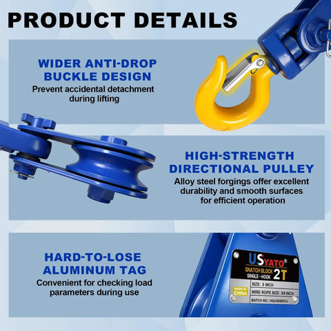 Heavy Duty 2 Ton Snatch Block With Hook 3 Inch Sheave 3 Eighths Inch Wire Rope Hauler Pulley For Offroad Recovery Towing And Logging Rugged Steel Corrosion Resistant Ideal For Trucks SUVs And Small Vans 2 Pack, blue steel hook and pulley detail