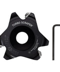 Knockout Turbo Scraper Wheel For Angle Grinders With Swivel Carbide Blades, black aluminum body, includes hex key for attachment.