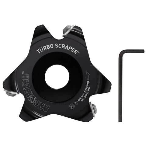 Knockout Turbo Scraper Wheel For Angle Grinders With Swivel Carbide Blades, black aluminum body, includes hex key for attachment.