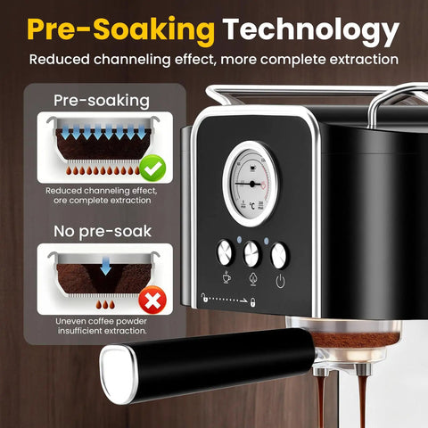 Professional 20 Bar Espresso Coffee Maker With Built In Steam Wand And Silky Milk Frother, semi automatic controls with pre-soaking technology.