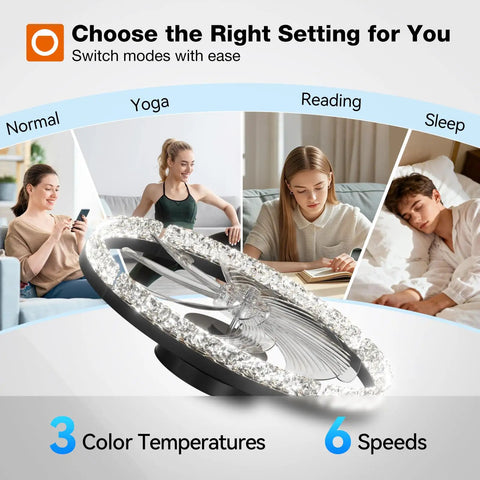 Versatile 20 Inch Low Profile Ceiling Fan With Smooth Dimmable Light And No Sweat Smart Remote Control showcasing setting options for different activities.