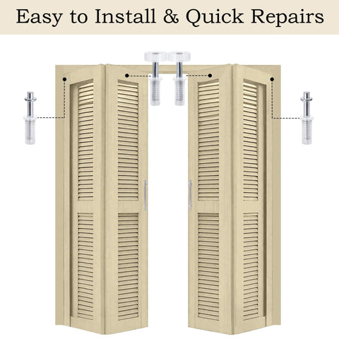 Spring Loaded Bi-Fold Door Top Roller Guide Wheel And Pivot Kit 4 Pack Hardware Repair Kit For Bifold Closets Folding Pocket Accordion And Barn Doors Easy Install Heavy Duty Durable Steel Components shown installed on bifold doors