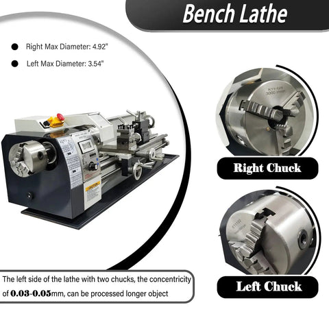 Lgxenzhuo 1100W Double Head Mini Metal Lathe With MT5 Spindle Taper And 8x32 Inch Bench, showcasing right and left chucks.