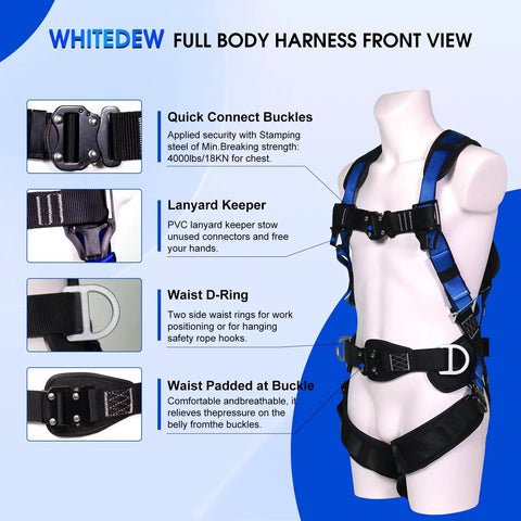 Heavy Duty Full Body Fall Protection Safety Harness With Shock Absorbing Lanyard And Super Comfy Ventilated Mesh Padding For No Sweat Daily Grind Plus Four Quick Release Buckles Blue