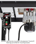 Kickass 3.25HP Router Motor With Variable Speed Remote Control And Soft Start For Router Lifts Shapers And Cnc Shop Features Compact 4.2 Inch Body installed in a table with remote control panel.