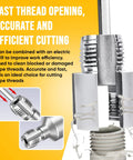 Dual Function Pipe Threading Tool Kit 2 In 1 Internal And External Threading For PVC Pipes One Half Inch And Three Quarters Inch, Electric Drill Compatible, Two Piece Set, Quick Accurate Threading Without Tool Switching, shown threading pipes with drill.