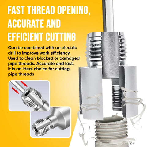 Dual Function Pipe Threading Tool Kit 2 In 1 Internal And External Threading For PVC Pipes One Half Inch And Three Quarters Inch, Electric Drill Compatible, Two Piece Set, Quick Accurate Threading Without Tool Switching, shown threading pipes with drill.