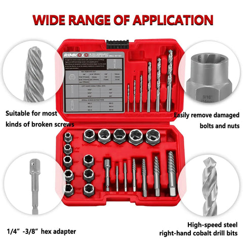 26 Piece Bolt Extractor Kit With Screw And Drill Bit Set Multi-Spline And Spiral Extractors For Broken Studs And Fittings