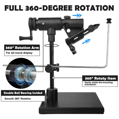 Forcegrip Fly Tying Vise Kit With Pedestal Base And C Clamp, shown with 360-degree rotation and adjustable components.