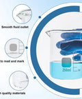 Glass Measuring Beaker Set With 3.3 Borosilicate Glass Beakers, Printed Graduations For Easy Readouts, showing 250ml beaker in hand