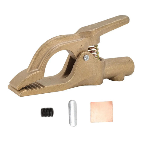Sturdy Brass A Shaped Welding Ground Clamp With High 300 Amp Conductivity For Heavy Duty Stick And Arc Welder Jobs That Get Tough And Need Reliable Power Connections Every Time with accessories.