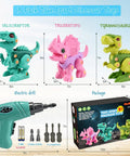 Take Apart Dinosaur Toys For Kids Aged 3 Through 7 With Electric Drill STEM Building Set Three Pack Featuring pink, green and cyan dinos, 7in, plastic